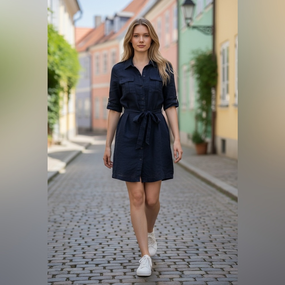 Banana Republic Classic Navy Linen Shirt Dress with Waist Tie - Picture 2 of 9